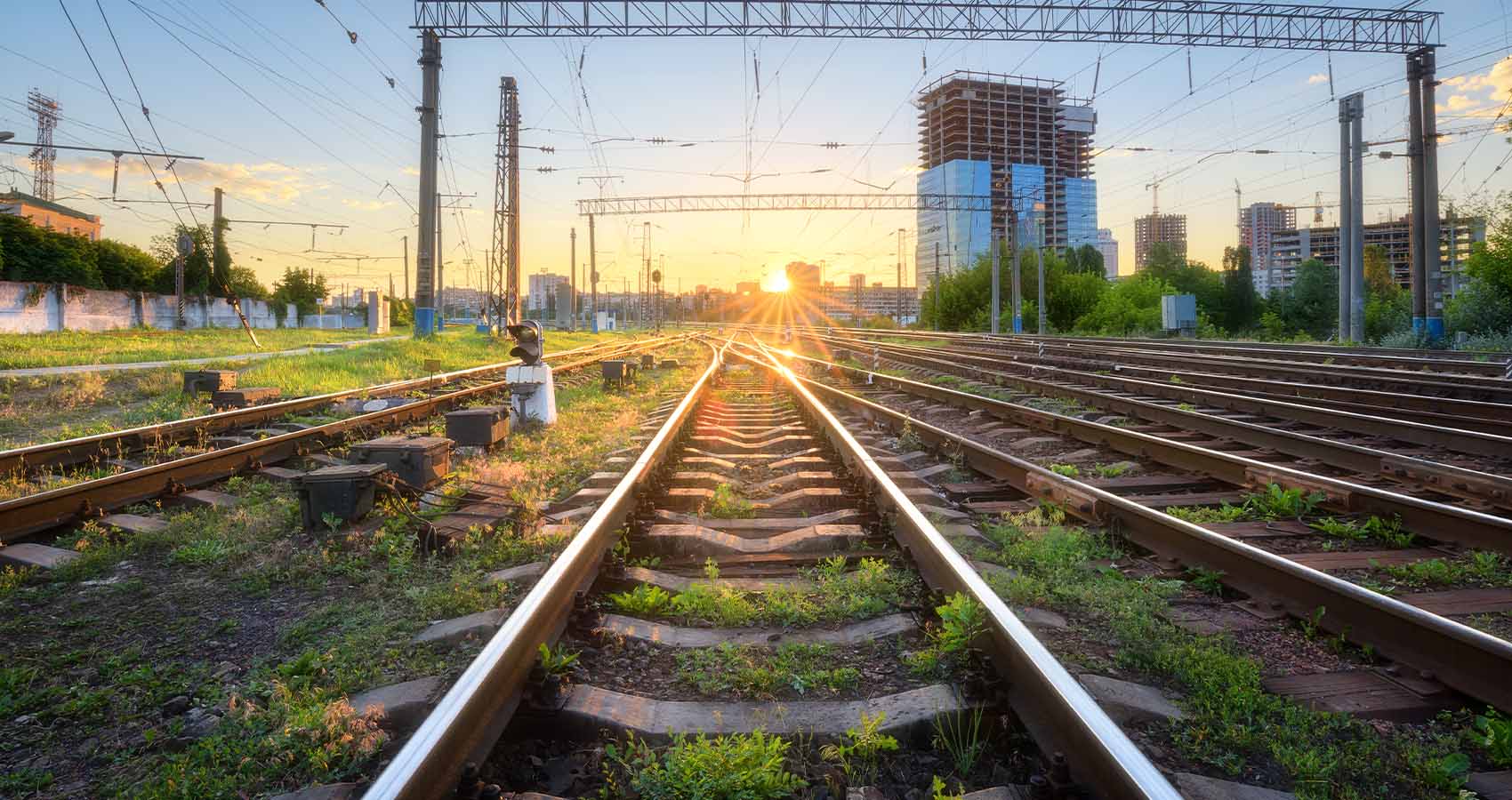 Train tracks in sunset.